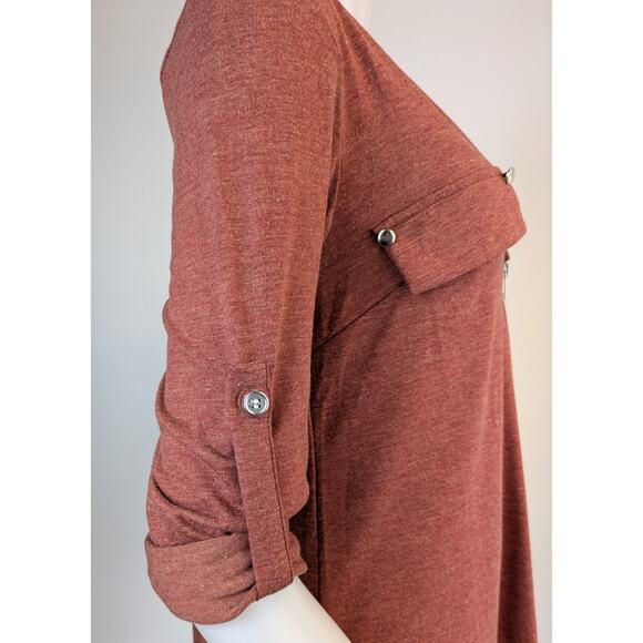 LuckyMore Tunic Top Large Rust Jersey Tab Sleeve Zip Neck Career Casual NEW - Picture 7 of 12